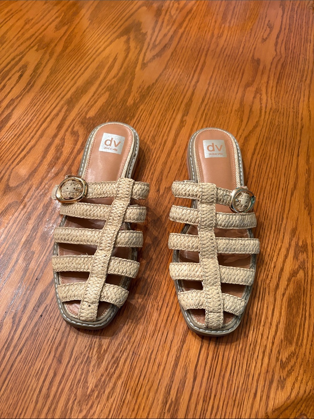 DV by Dolce Vita Beige Braided Slide Mules with Gold Buckles